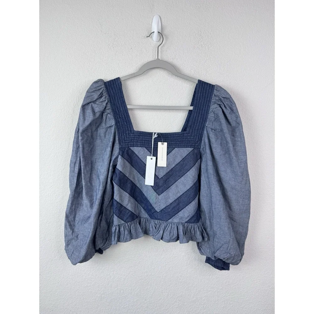 Anthropologie x‎ Love the Label Smocked Puff-Sleeve Blouse Top S Denim Blue Boho - Picture 4 of 12